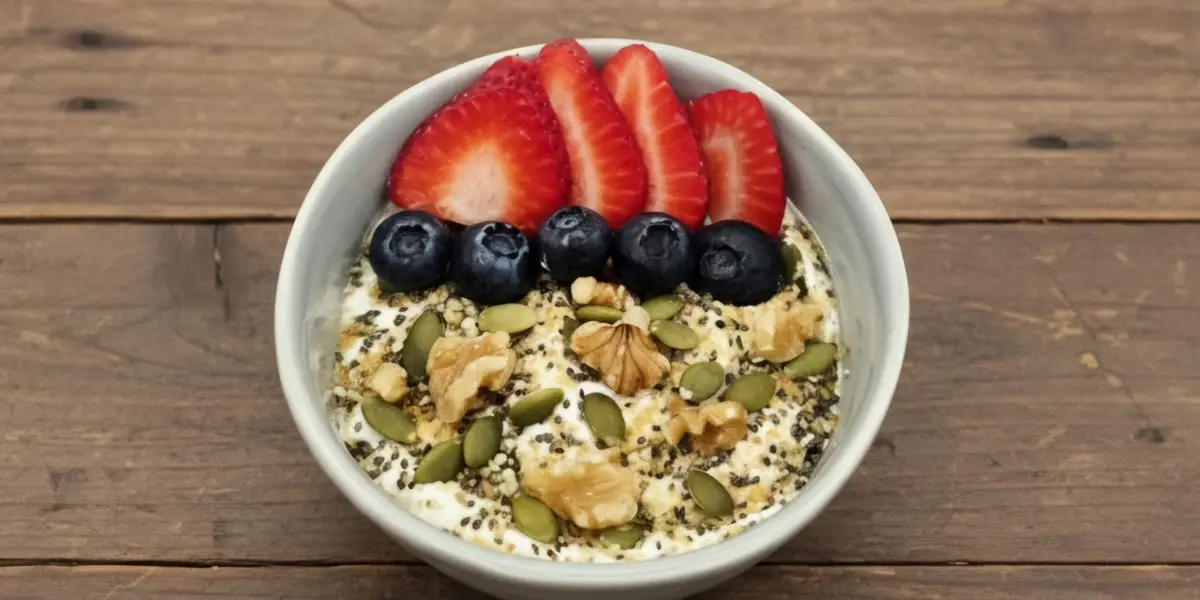 A yogurt bowl topped with seed and nut mix, berries, and honey